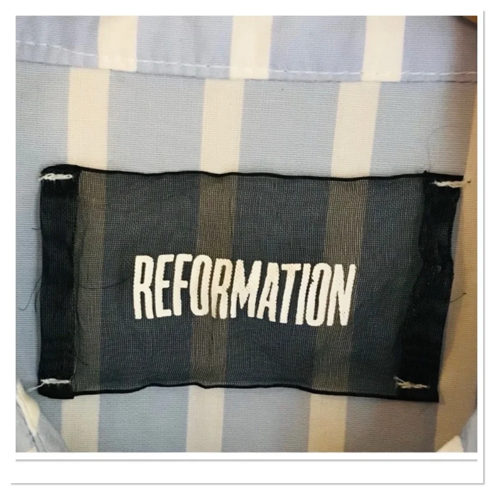 Reformation Etta Top In Lydia Striped Ruffle Edge Button Up Front Blue Size L - Picture 8 of 10